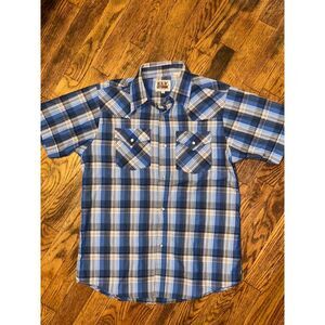 Vintage Blue Ely Cattleman Short Sleeve Pearl Snap Shirt Size Large